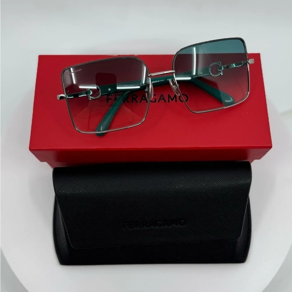 NEW! Salvatore Ferragamo Rectangle Sunglasses Silver Frame /Turquoise Gradient